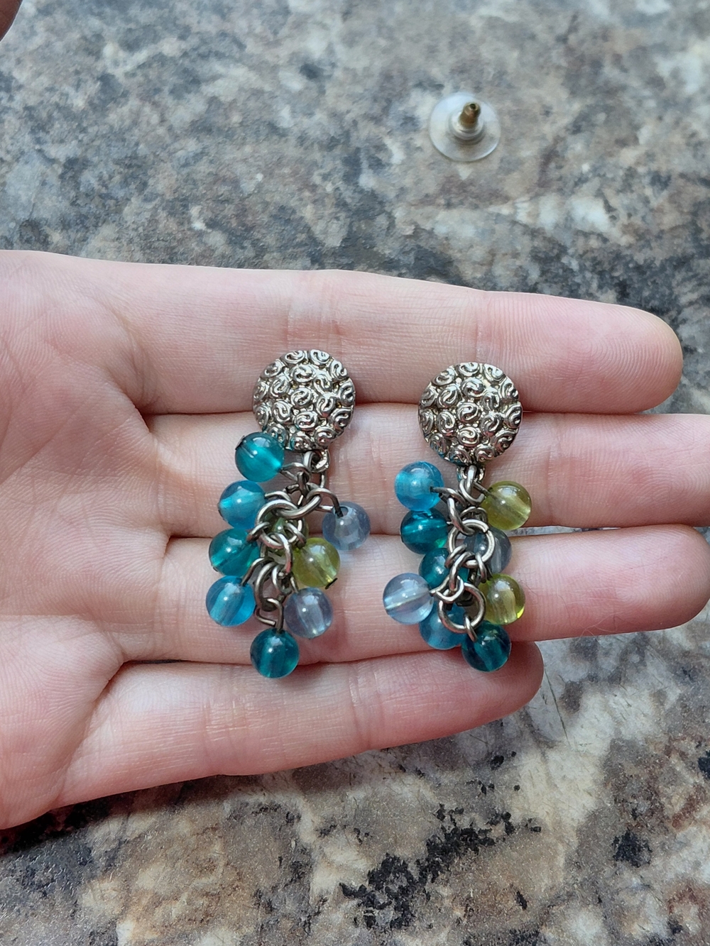 Abstract Waterfall Cascading Blue and Green Beaded Silver Tone Vintage Earrings